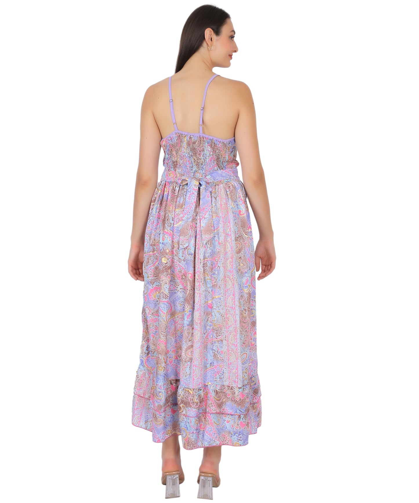 Boho Silk Long Dress | Free Size Tu | Pastel Indian Saree Dress