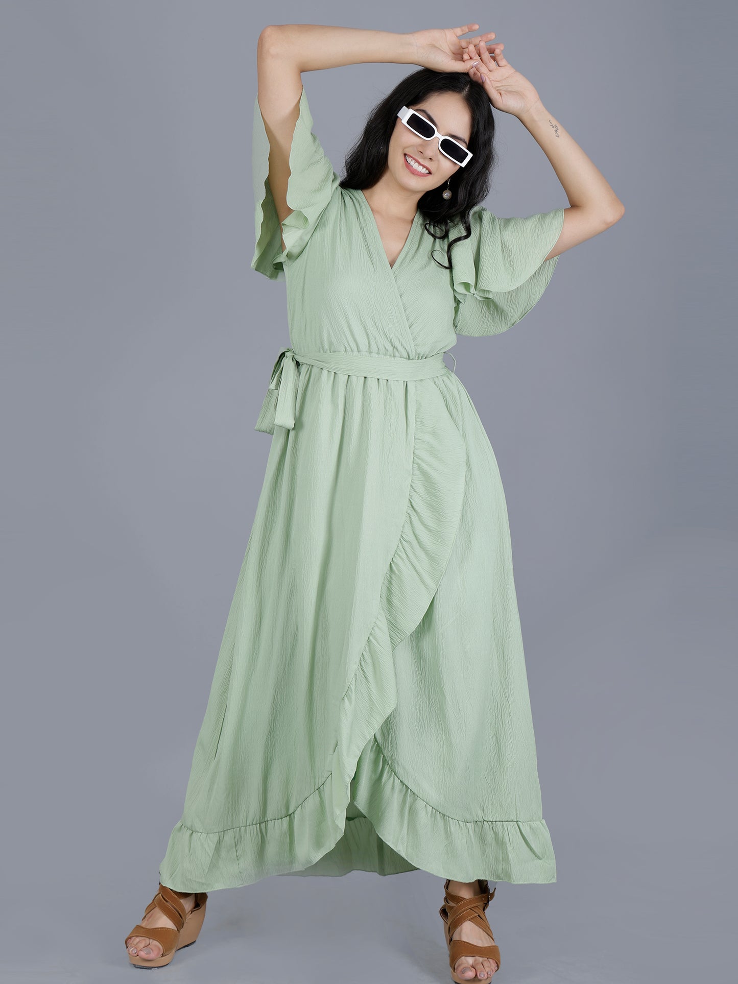 Poly Crepe Wrinkle Long Dress – Lightweight & Flowing | Olizzo