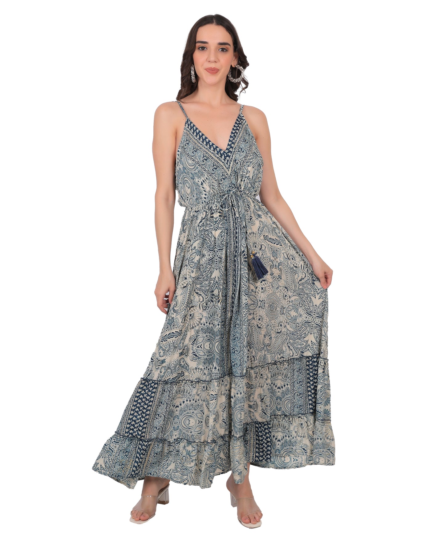 Boho Silk Long Dress Manufacturer & Exporter | Sleeveless Strap Dress - Olizzo India