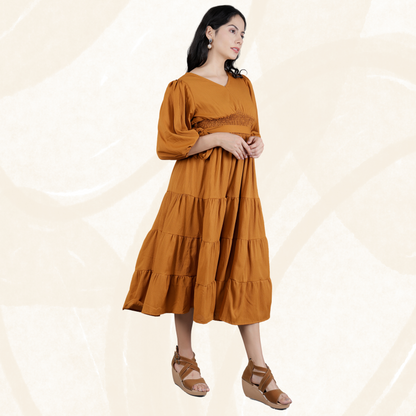 Vestido largo estilo western con capas y cintura fruncida para mujer 