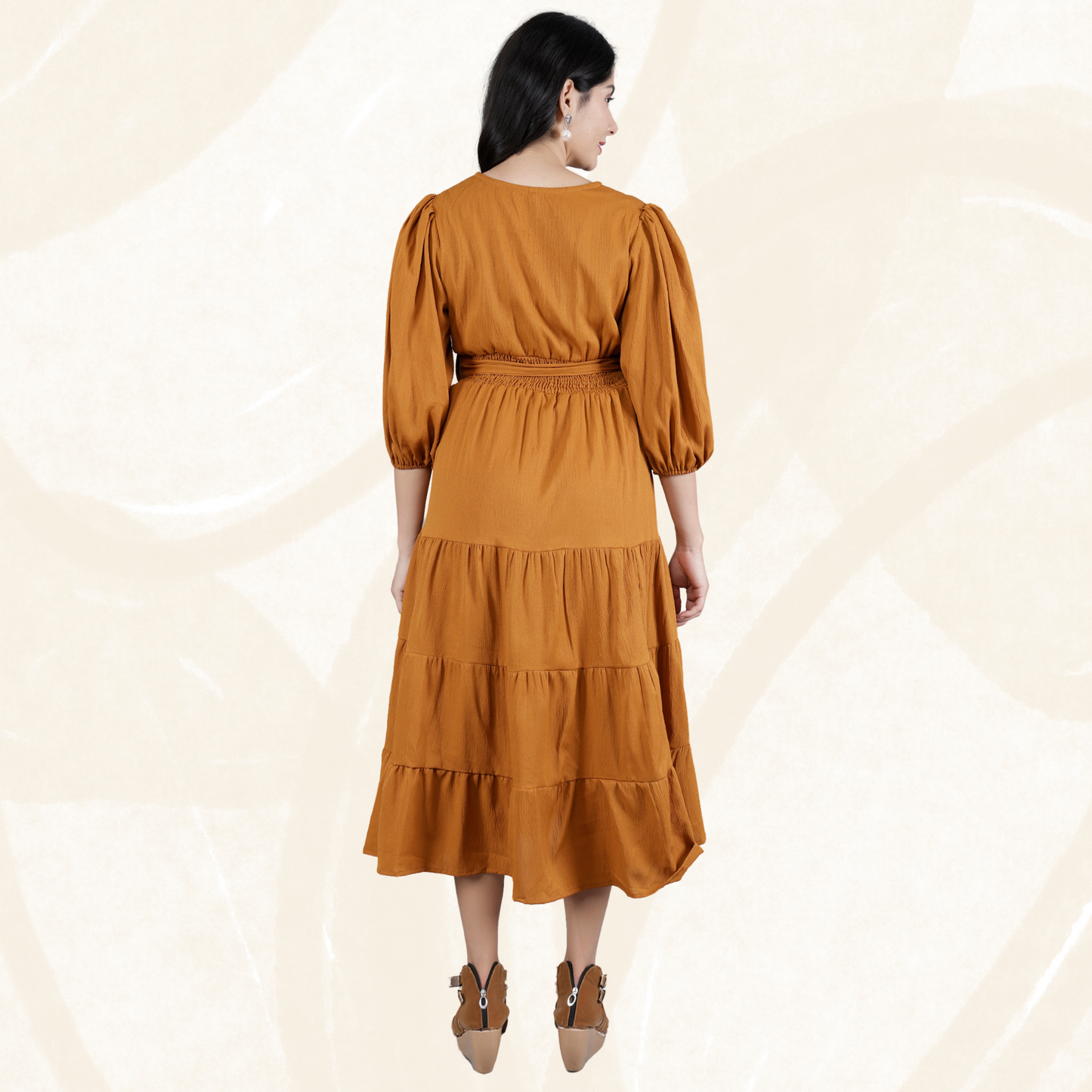 Vestido largo estilo western con capas y cintura fruncida para mujer 