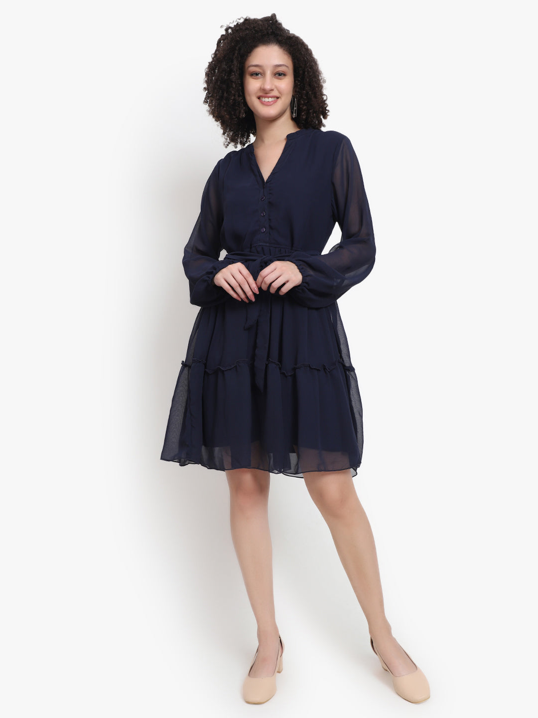 Button-Front Georgette Mini Dress