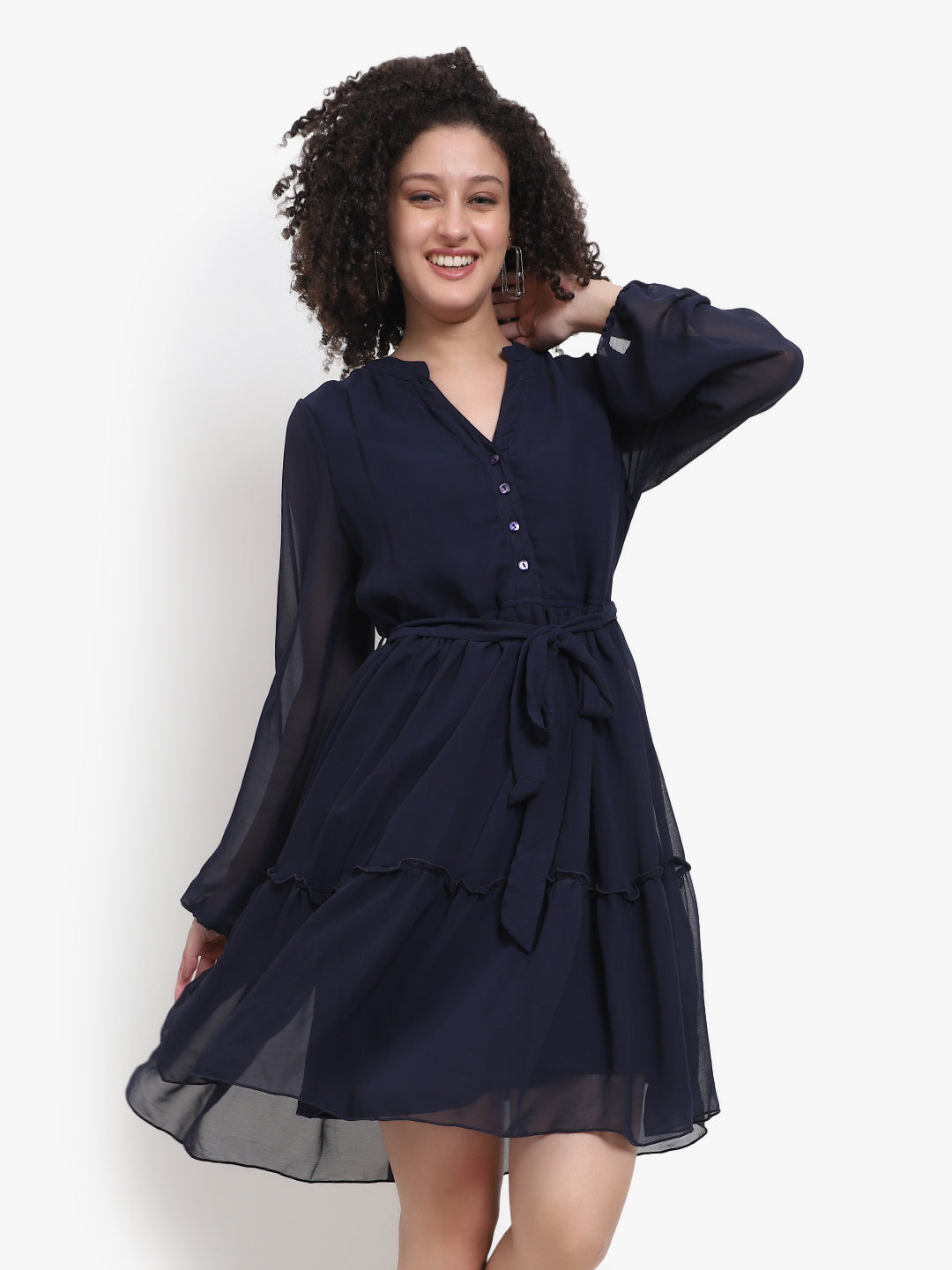 Button-Front Georgette Mini Dress