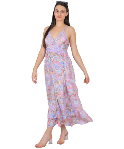 Boho Silk Long Dress | Free Size Tu | Pastel Indian Saree Dress