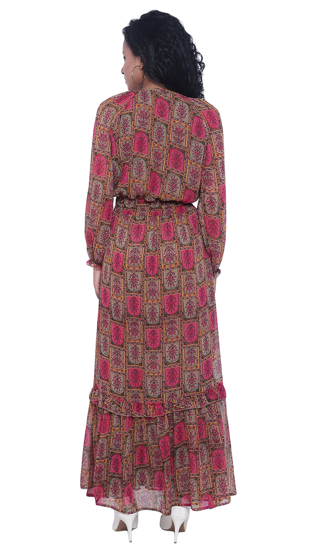 Printed Long Dress with Long Sleeves & Cross Neck