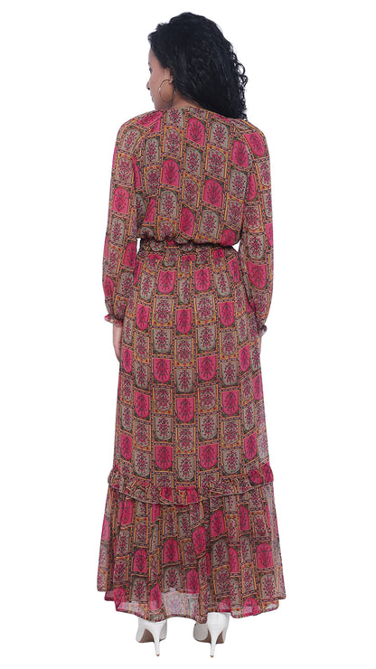Printed Long Dress with Long Sleeves & Cross Neck
