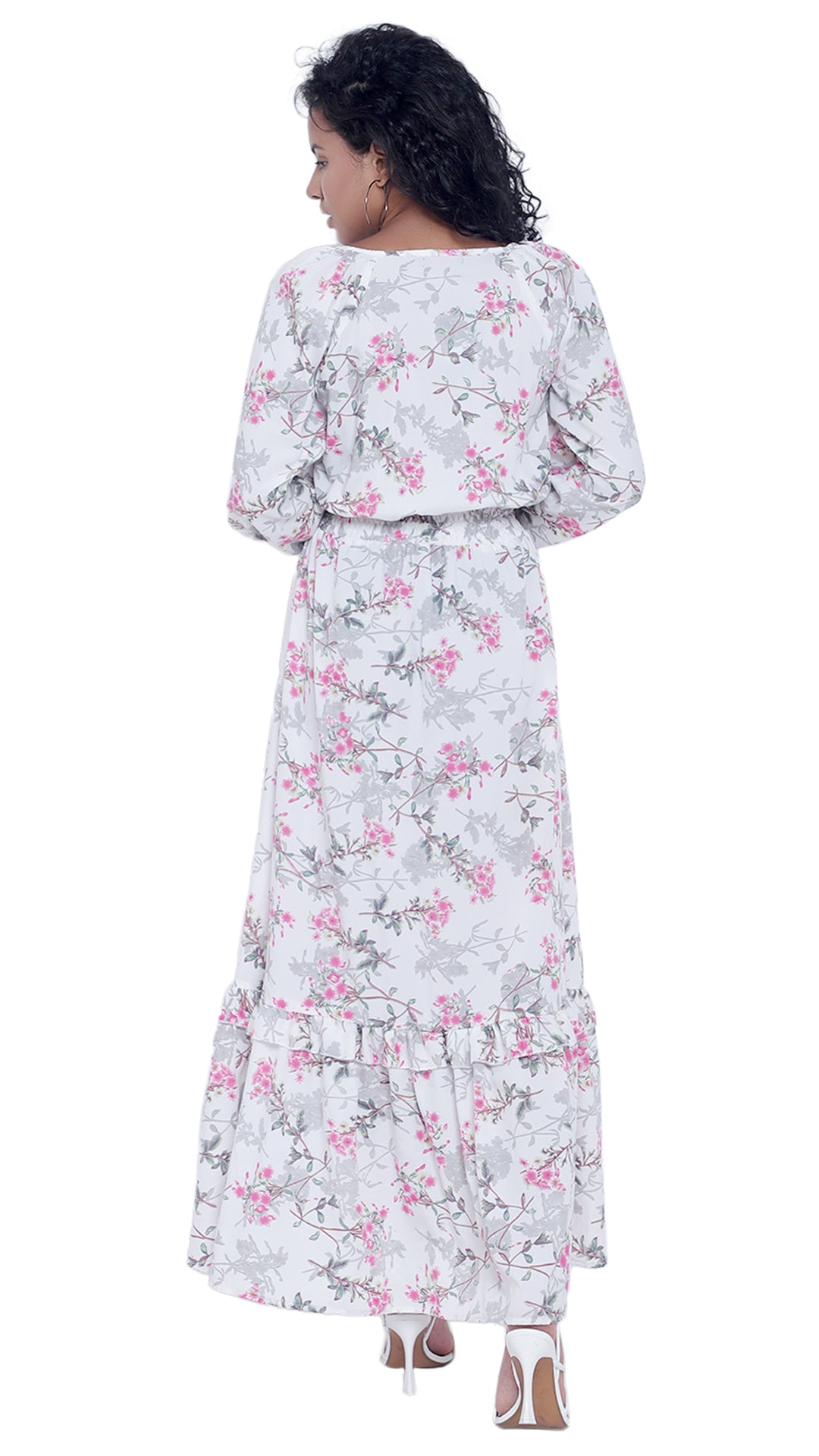 Printed Long Dress with Long Sleeves & Cross Neck