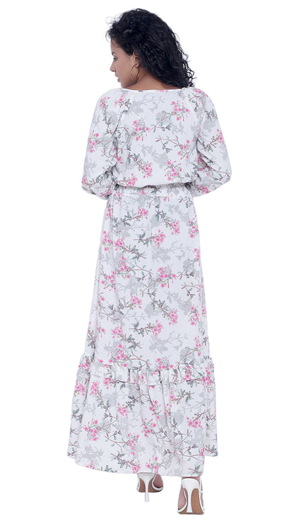 Printed Long Dress with Long Sleeves & Cross Neck