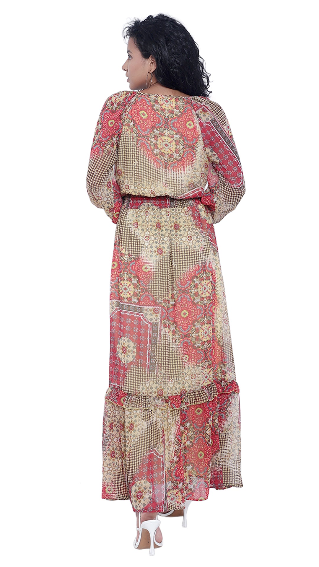 Printed Long Dress with Long Sleeves & Cross Neck