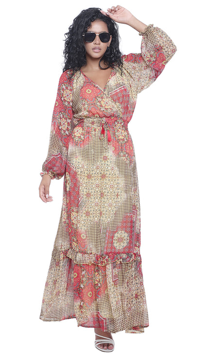 Printed Long Dress with Long Sleeves & Cross Neck