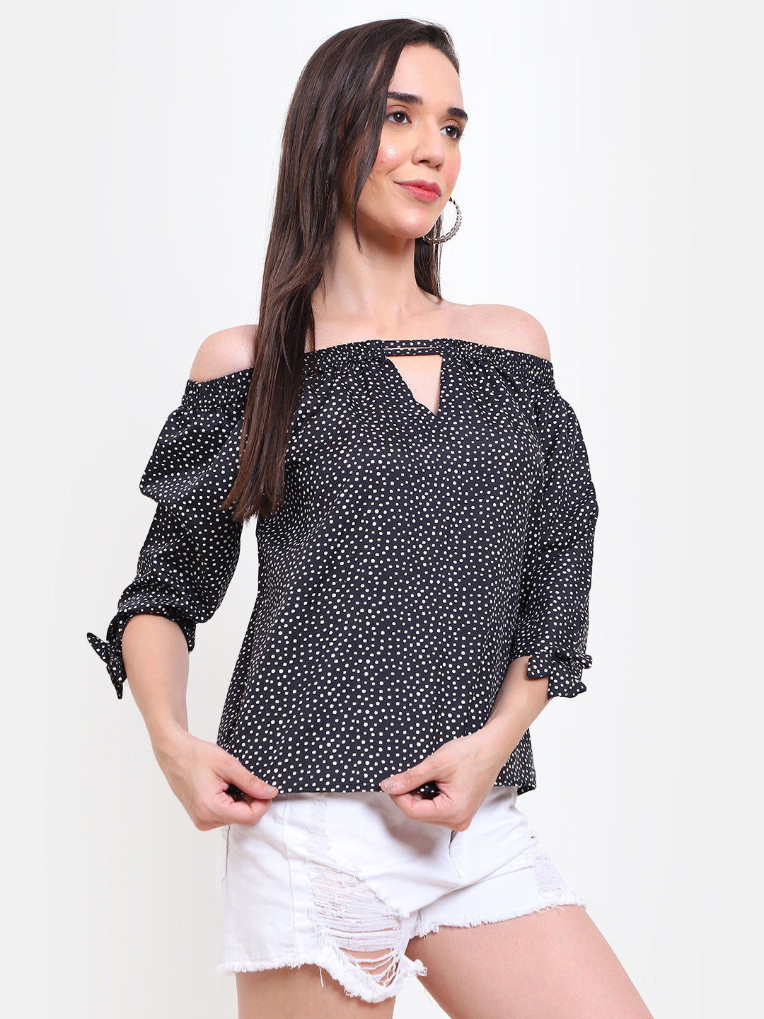 Polka Dot Off-Shoulder Top with Keyhole Design