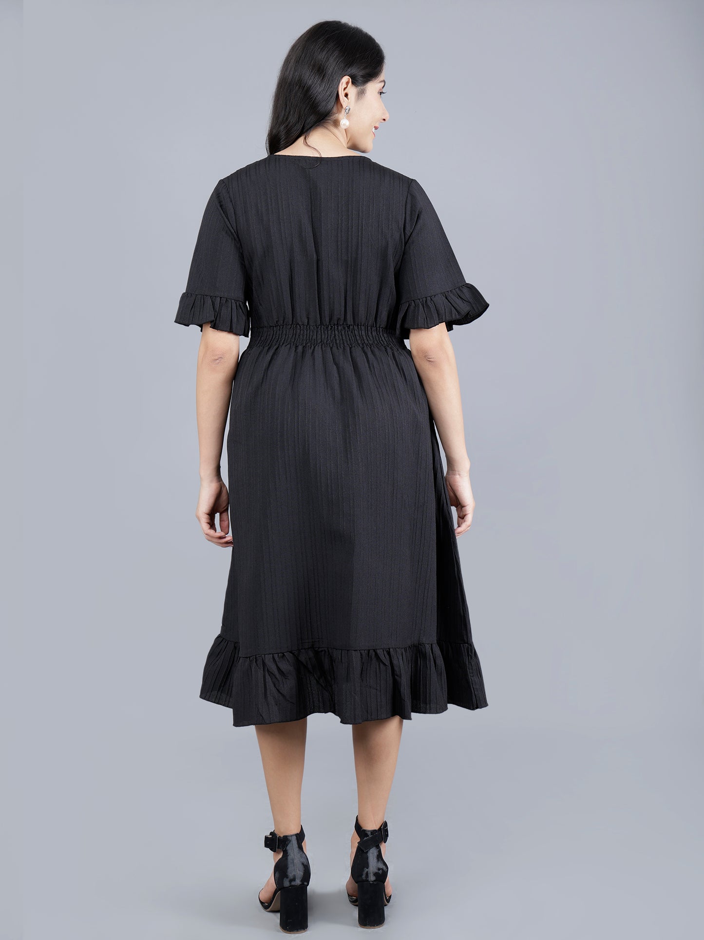 Western Short Dress – Solid Color with Waist Smocking | Striped Poly Fabric