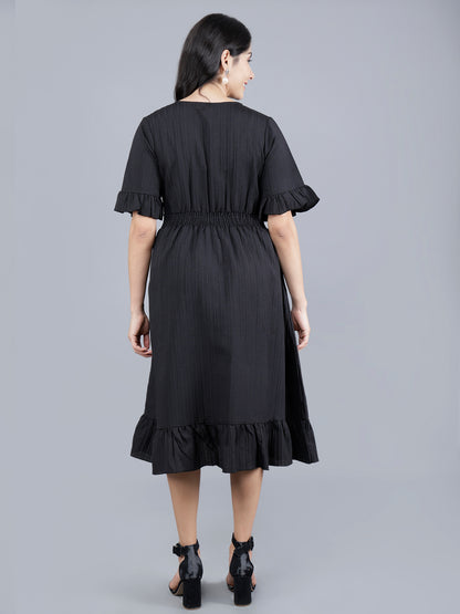 Western Short Dress – Solid Color with Waist Smocking | Striped Poly Fabric