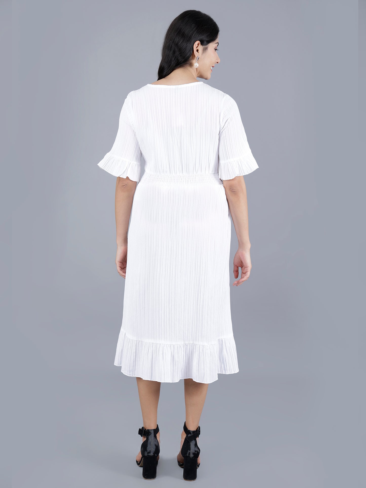Western Short Dress – Solid Color with Waist Smocking | Striped Poly Fabric