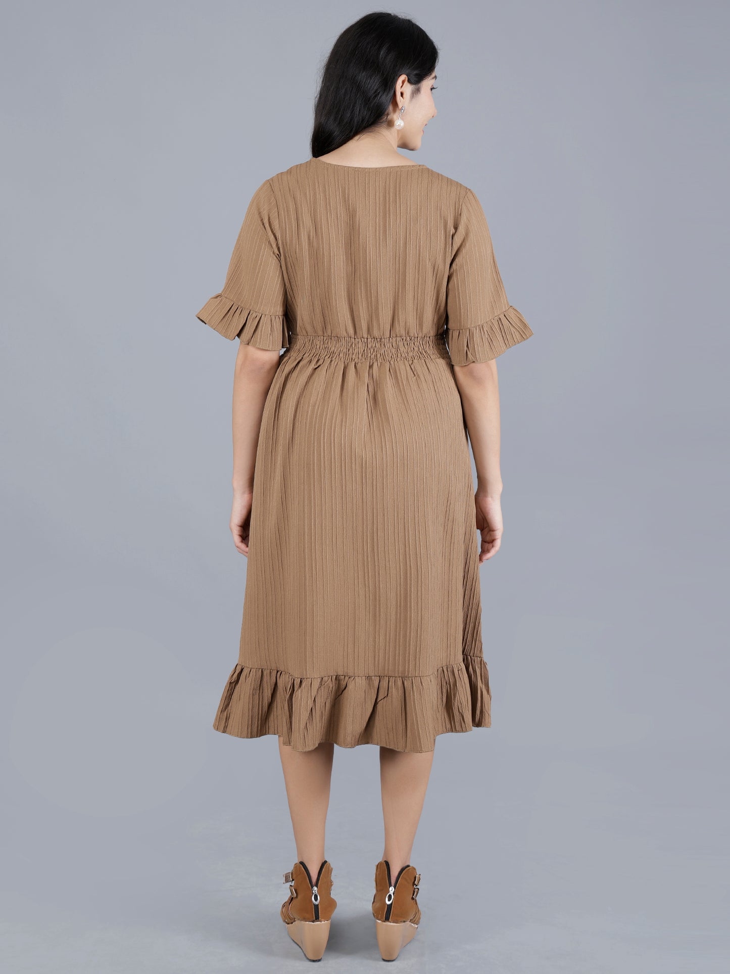 Western Short Dress – Solid Color with Waist Smocking | Striped Poly Fabric