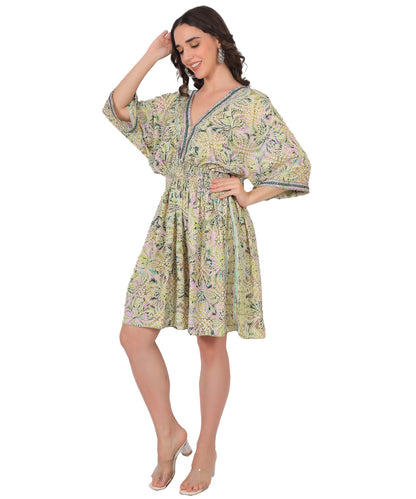 Kasturi Silk Embroidered Short Dress Manufacturer | Printed V-Neck Dress Exporter - Olizzo India