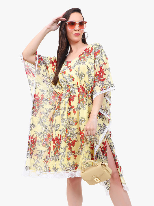 Robe caftan en georgette fleurie