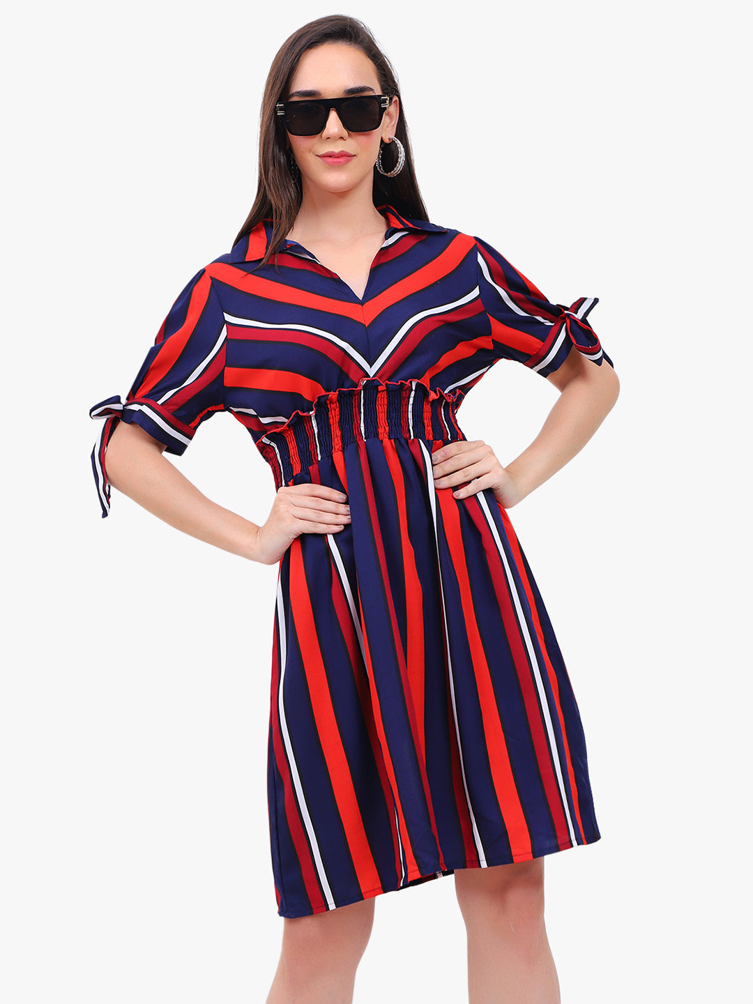 Striped Crepe Dress Red