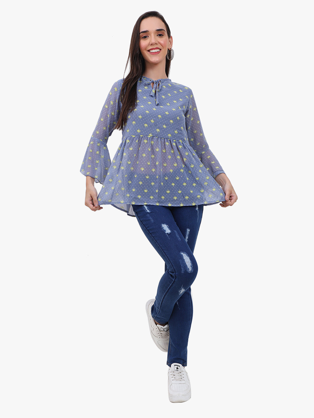 Georgette printed  Top with bell sleeves