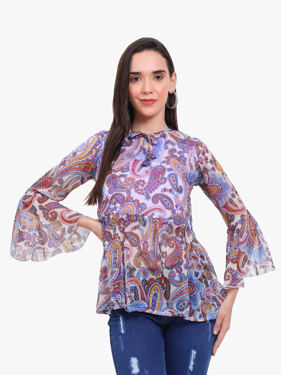 Georgette printed  Top with bell sleeves