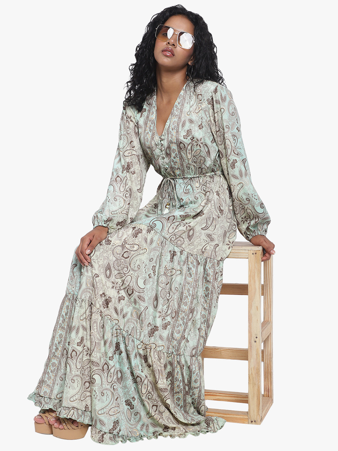 Boho Printed Long Dress with Full Sleeves