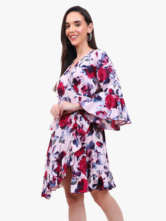 "Floral Georgette Wrap Dress with Bell Sleeves and Ruffle Hem"