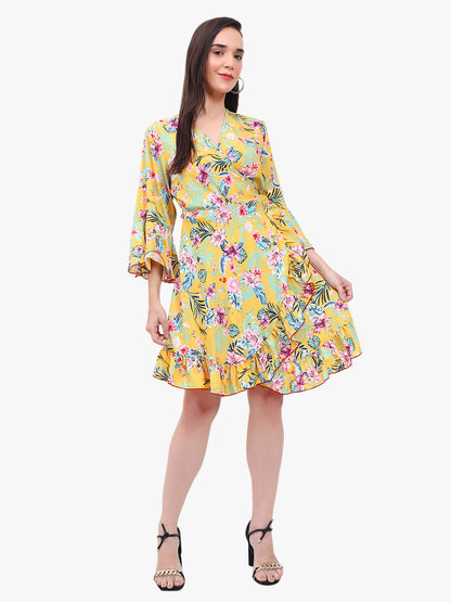 "Floral Georgette Wrap Dress with Bell Sleeves and Ruffle Hem"