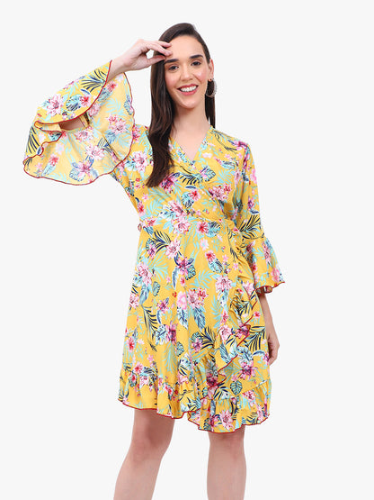 "Floral Georgette Wrap Dress with Bell Sleeves and Ruffle Hem"