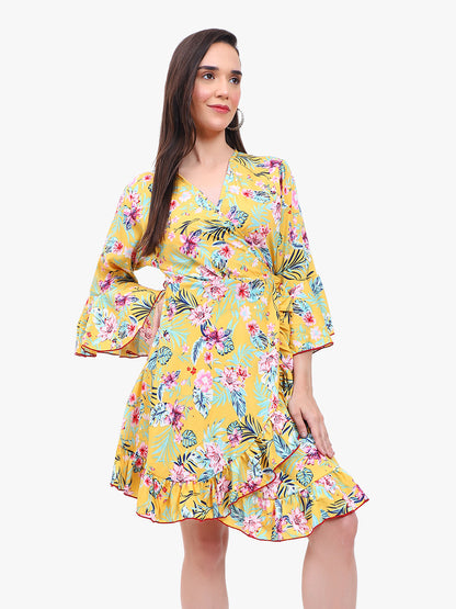 "Floral Georgette Wrap Dress with Bell Sleeves and Ruffle Hem"