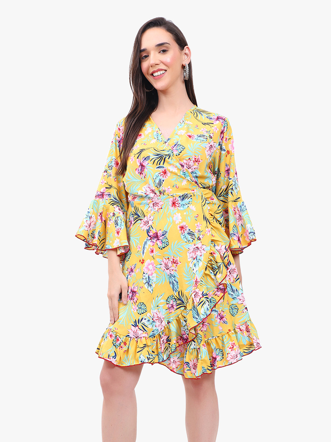 "Floral Georgette Wrap Dress with Bell Sleeves and Ruffle Hem"