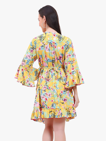 "Floral Georgette Wrap Dress with Bell Sleeves and Ruffle Hem"