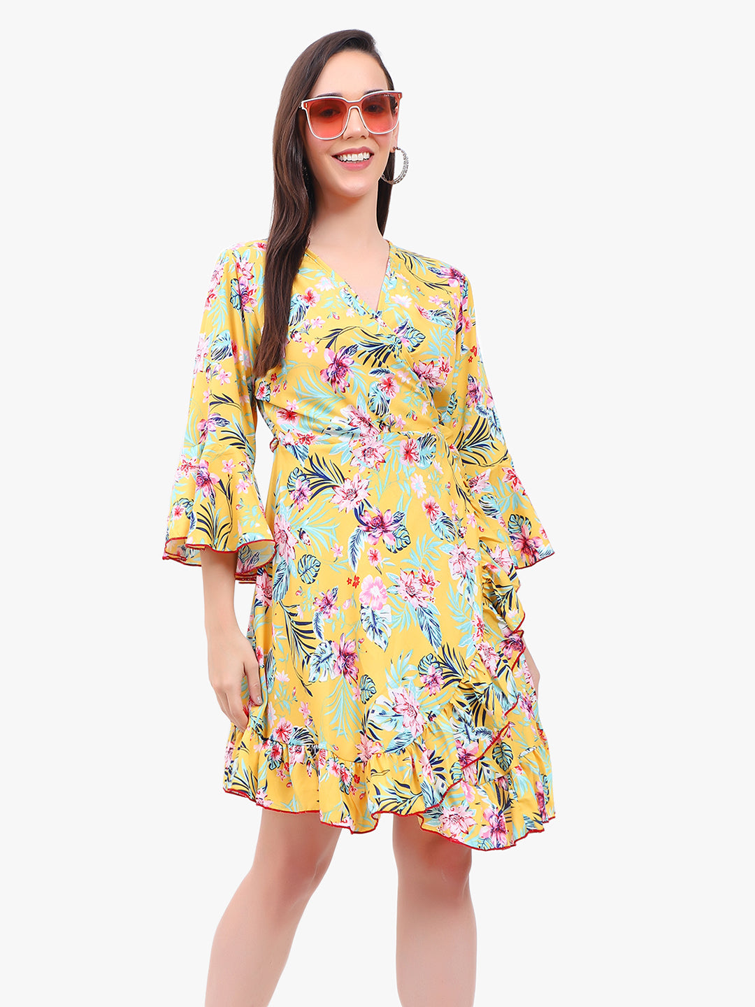 "Floral Georgette Wrap Dress with Bell Sleeves and Ruffle Hem"