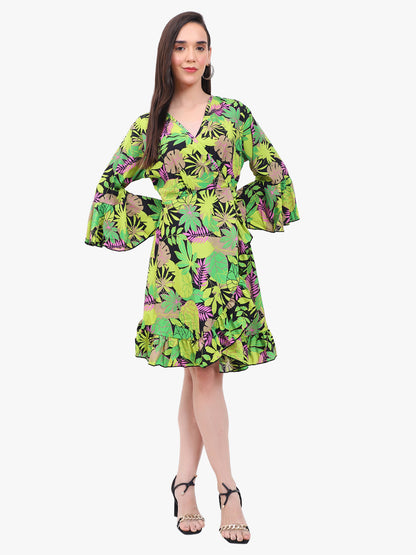 "Floral Georgette Wrap Dress with Bell Sleeves and Ruffle Hem"