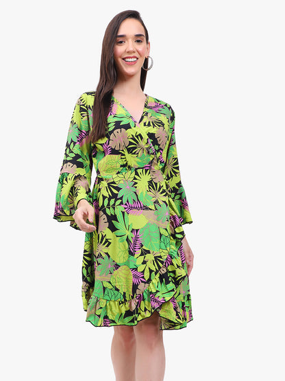 "Floral Georgette Wrap Dress with Bell Sleeves and Ruffle Hem"