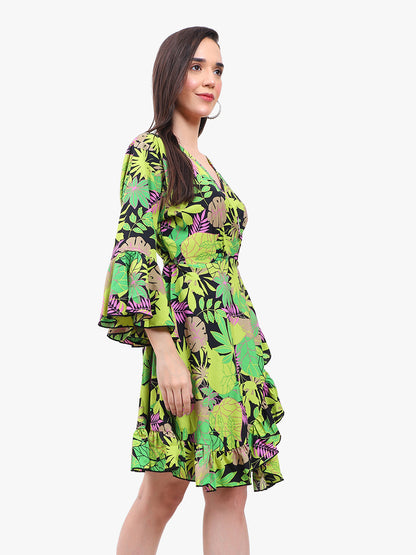 "Floral Georgette Wrap Dress with Bell Sleeves and Ruffle Hem"