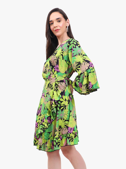 "Floral Georgette Wrap Dress with Bell Sleeves and Ruffle Hem"