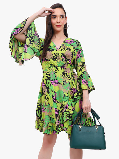 "Floral Georgette Wrap Dress with Bell Sleeves and Ruffle Hem"