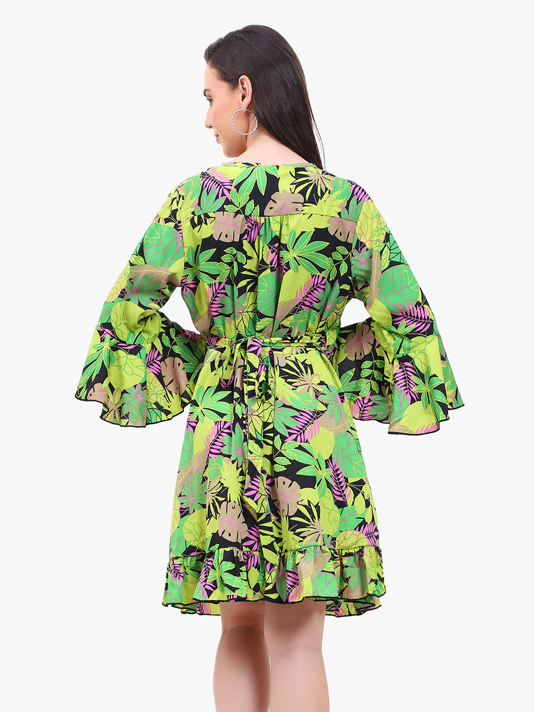 "Floral Georgette Wrap Dress with Bell Sleeves and Ruffle Hem"