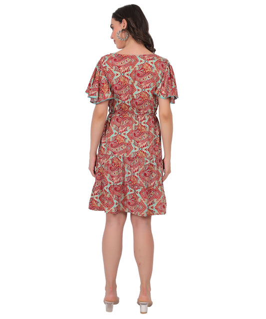 Boho Printed Silk Short Dress Manufacturer | Ibiza Style Short Sleeve Dress Exporter - Olizzo India