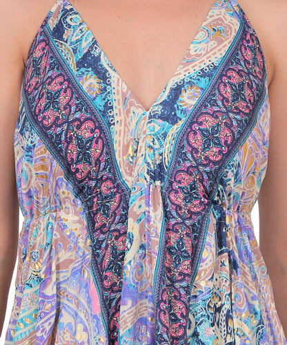 Kasturi Silk Sleeveless Long Dress Manufacturer | Boho Print Stylish Dress Exporter - Olizzo India