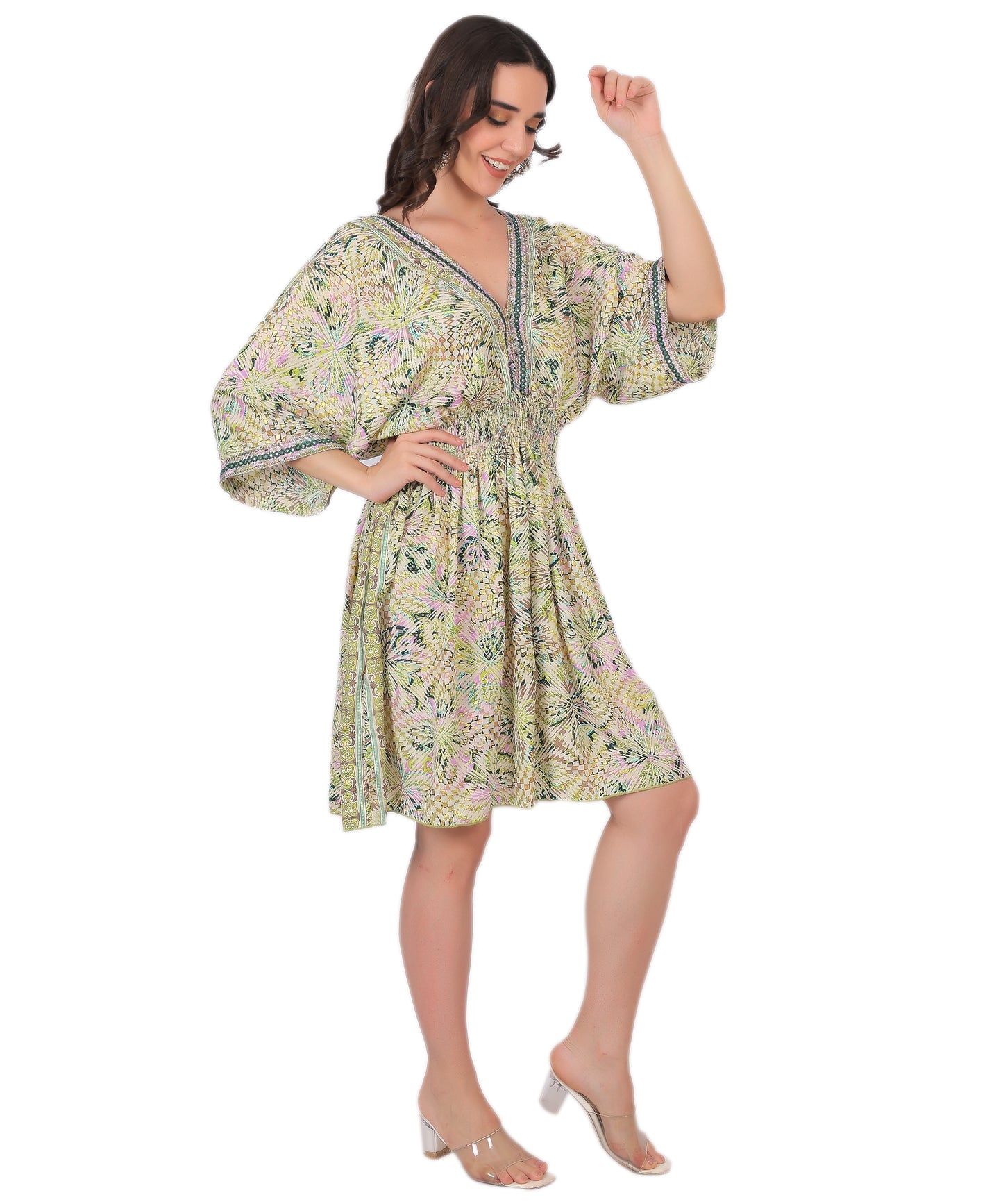 Kasturi Silk Embroidered Short Dress Manufacturer | Printed V-Neck Dress Exporter - Olizzo India