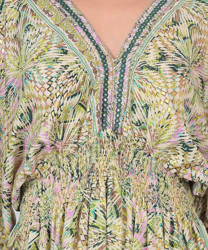 Kasturi Silk Embroidered Short Dress Manufacturer | Printed V-Neck Dress Exporter - Olizzo India