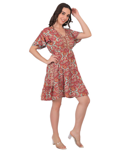 Boho Printed Silk Short Dress Manufacturer | Ibiza Style Short Sleeve Dress Exporter - Olizzo India