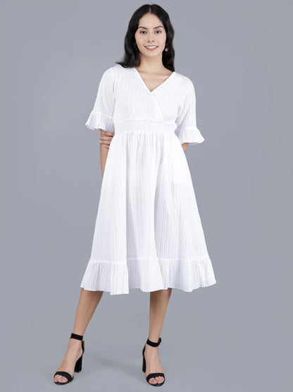 Western Short Dress – Solid Color with Waist Smocking | Striped Poly Fabric