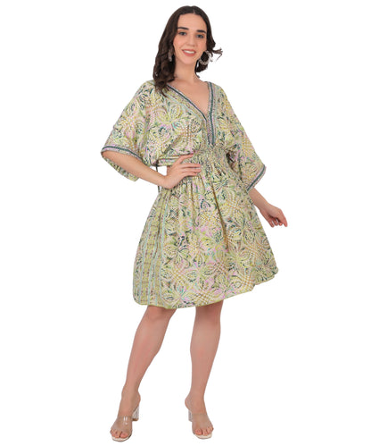 Kasturi Silk Embroidered Short Dress Manufacturer | Printed V-Neck Dress Exporter - Olizzo India