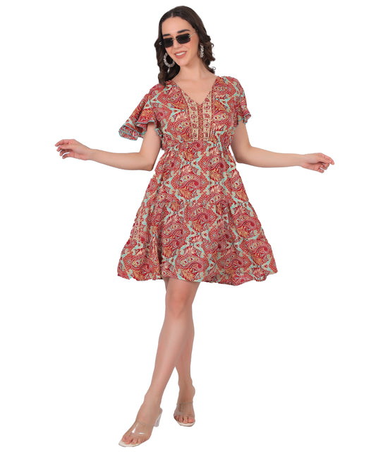 Boho Printed Silk Short Dress Manufacturer | Ibiza Style Short Sleeve Dress Exporter - Olizzo India