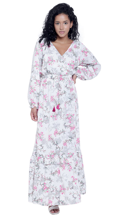Printed Long Dress with Long Sleeves & Cross Neck
