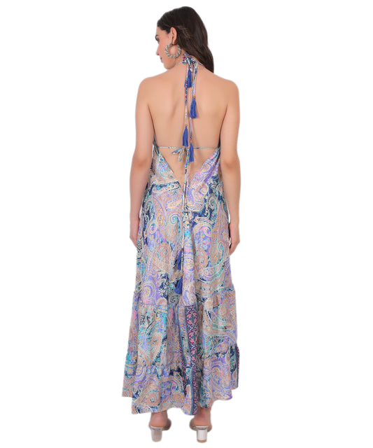 Kasturi Silk Sleeveless Long Dress Manufacturer | Boho Print Stylish Dress Exporter - Olizzo India