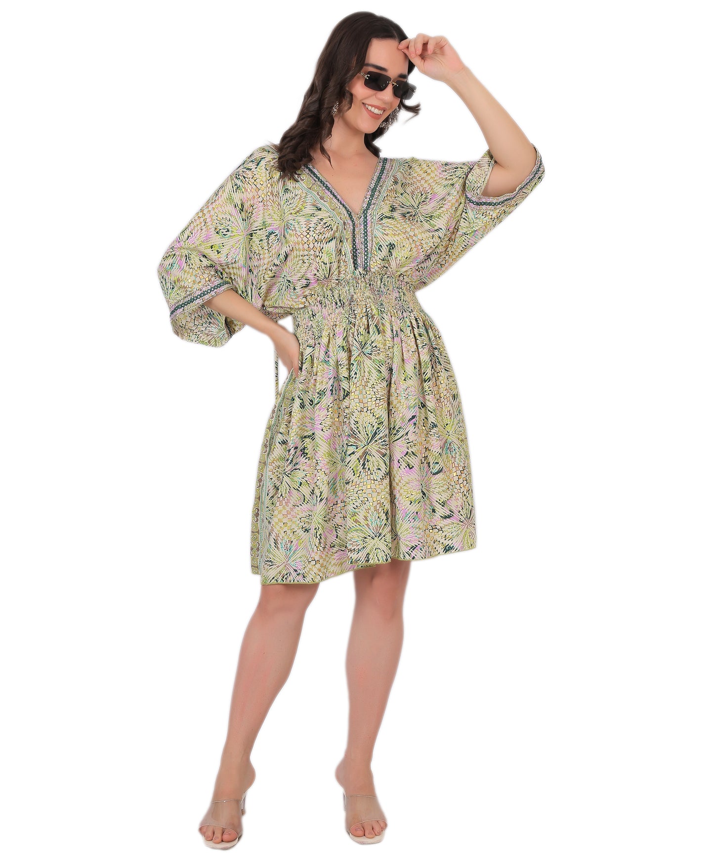 Kasturi Silk Embroidered Short Dress Manufacturer | Printed V-Neck Dress Exporter - Olizzo India