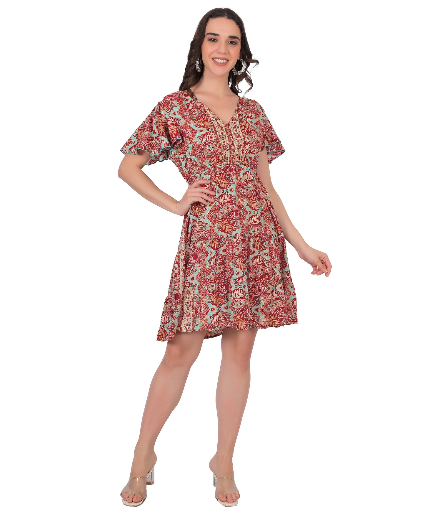 Boho Printed Silk Short Dress Manufacturer | Ibiza Style Short Sleeve Dress Exporter - Olizzo India